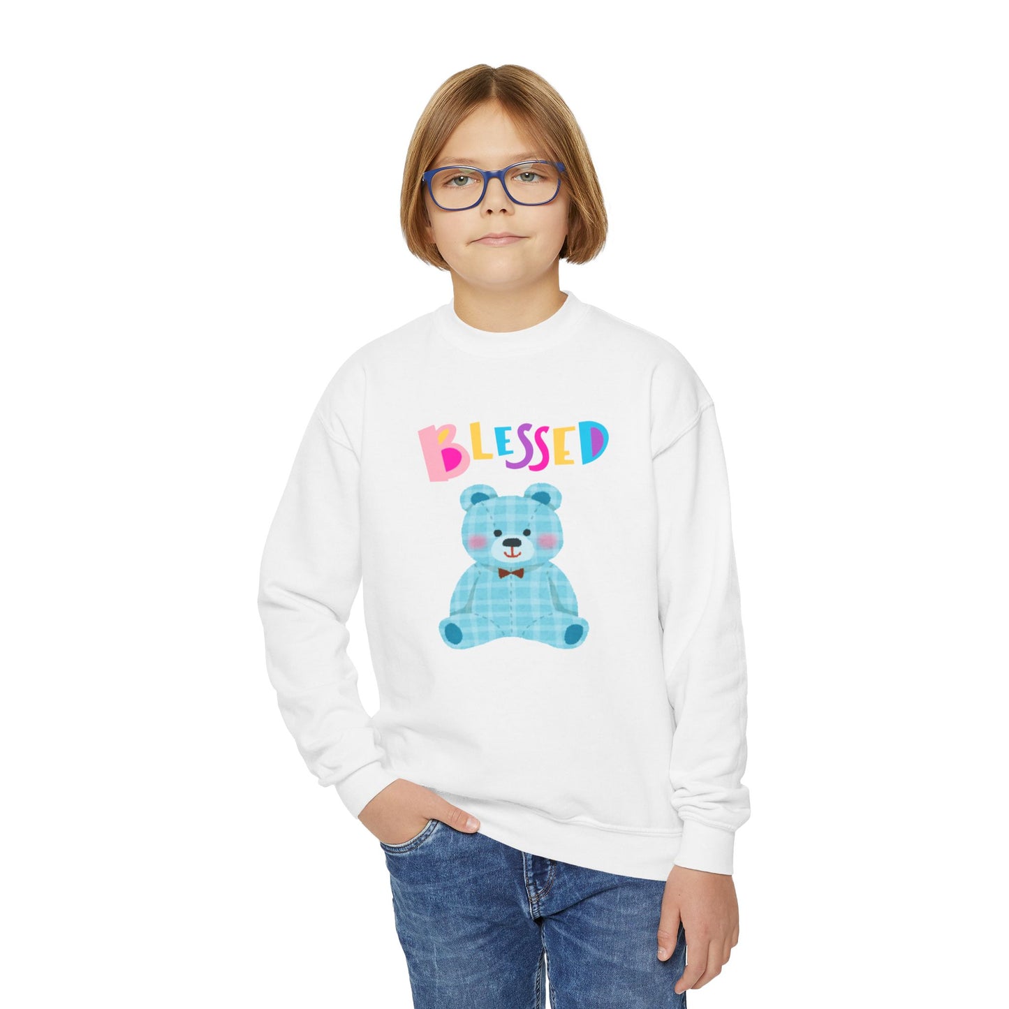 Blessed Blue Teddy Bear, Youth Crewneck Sweatshirt