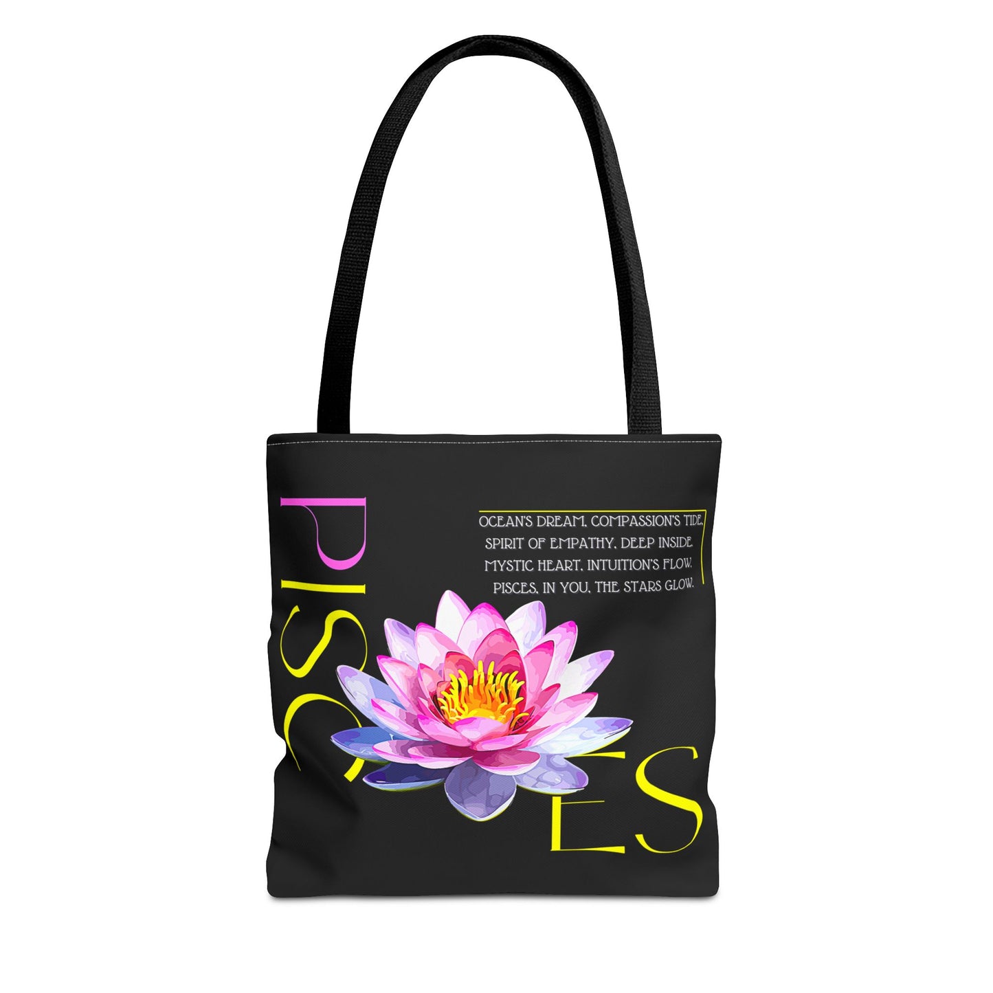 Pisces Lotus Flower Black Tote Bag, 3 Sizes