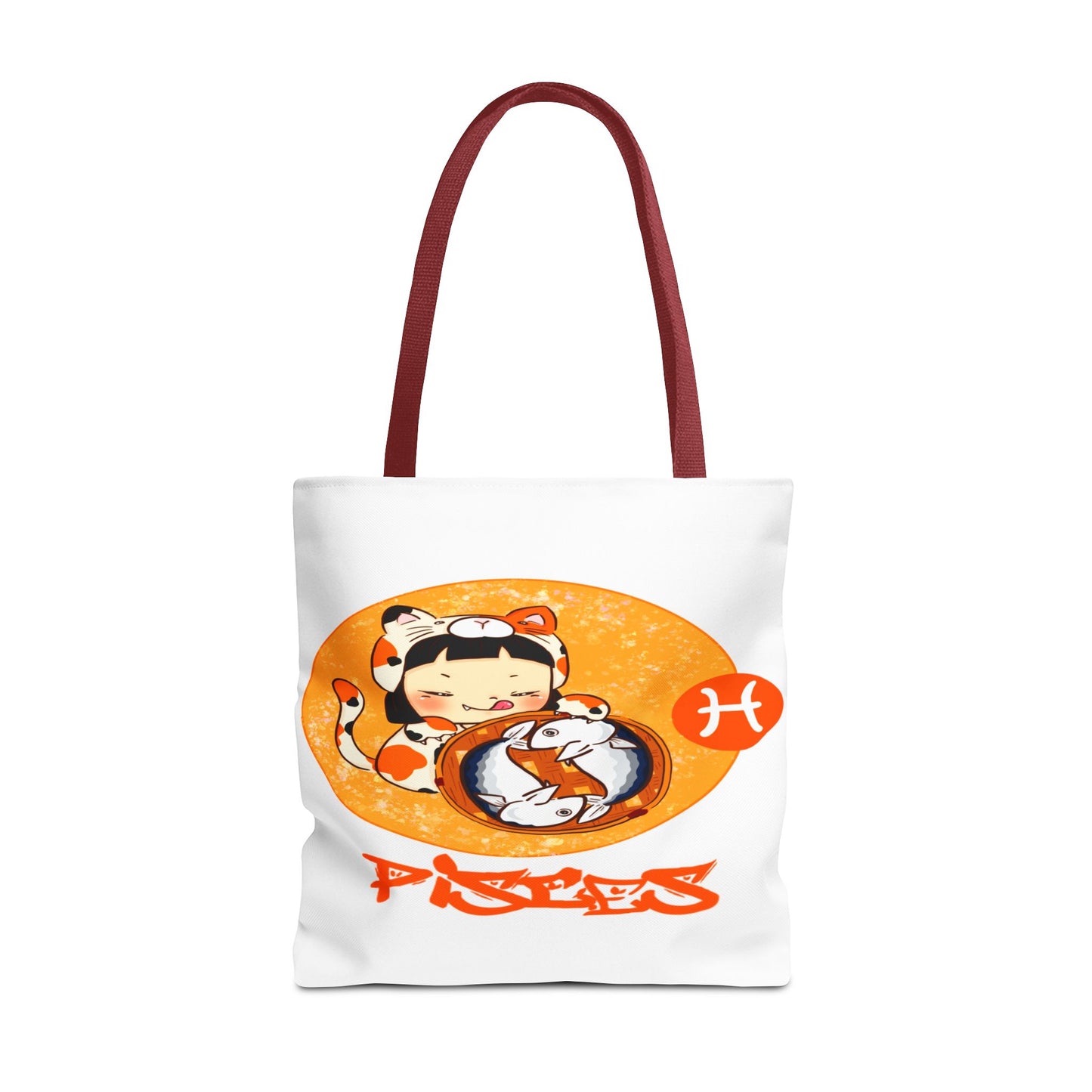 Pisces Chibi Cat Girl & Fish White Tote Bag, 3 Sizes