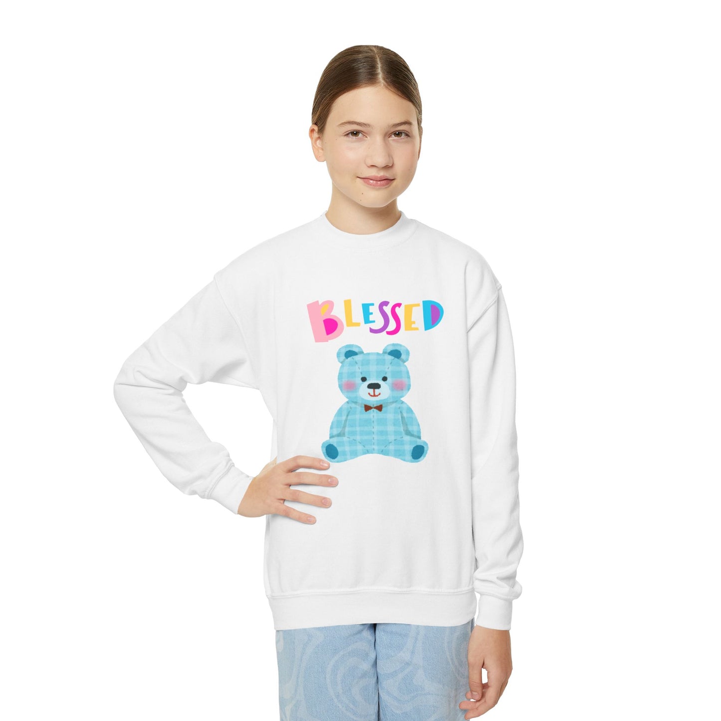 Blessed Blue Teddy Bear, Youth Crewneck Sweatshirt