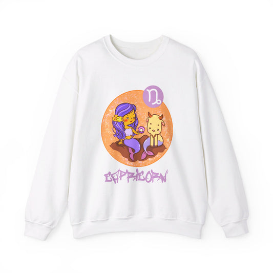 Capricorn Mermaid Chibi Girl & Goat, Unisex Heavy Blend™ Crewneck Sweatshirt