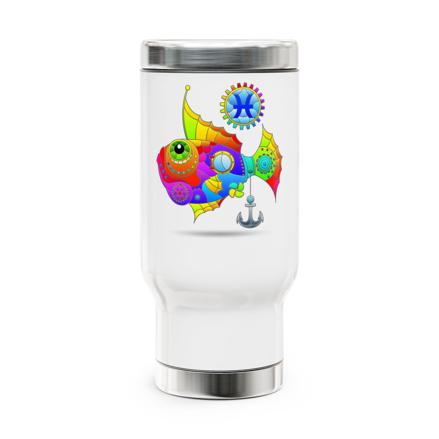 Pisces Rainbow Steampunk, Stainless Steel Travel Mug with Handle, 14 oz