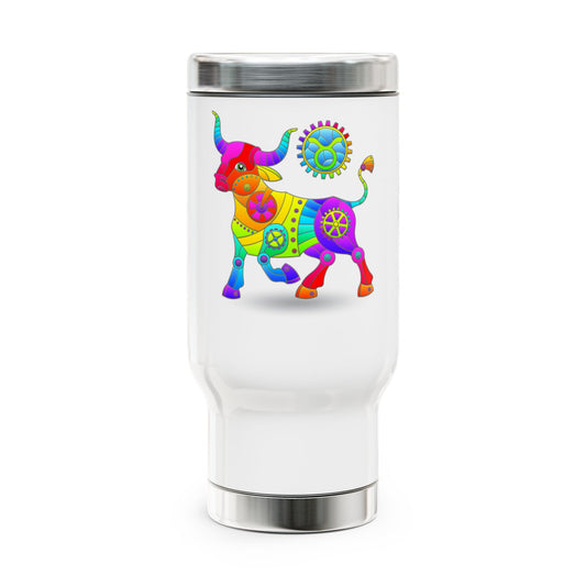 Taurus Rainbow Steampunk, Stainless Steel Travel Mug with Handle, 14 oz