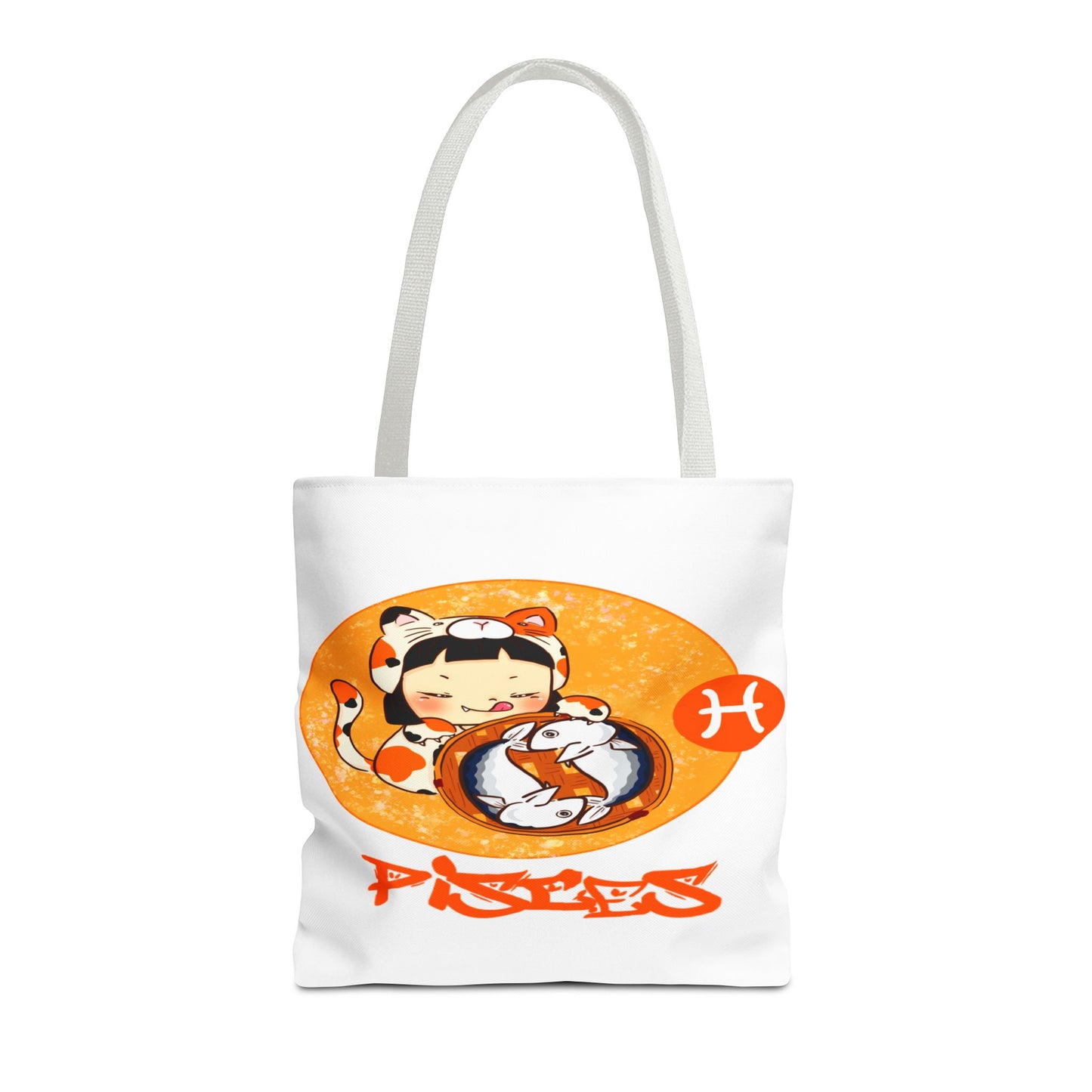 Pisces Chibi Cat Girl & Fish White Tote Bag, 3 Sizes