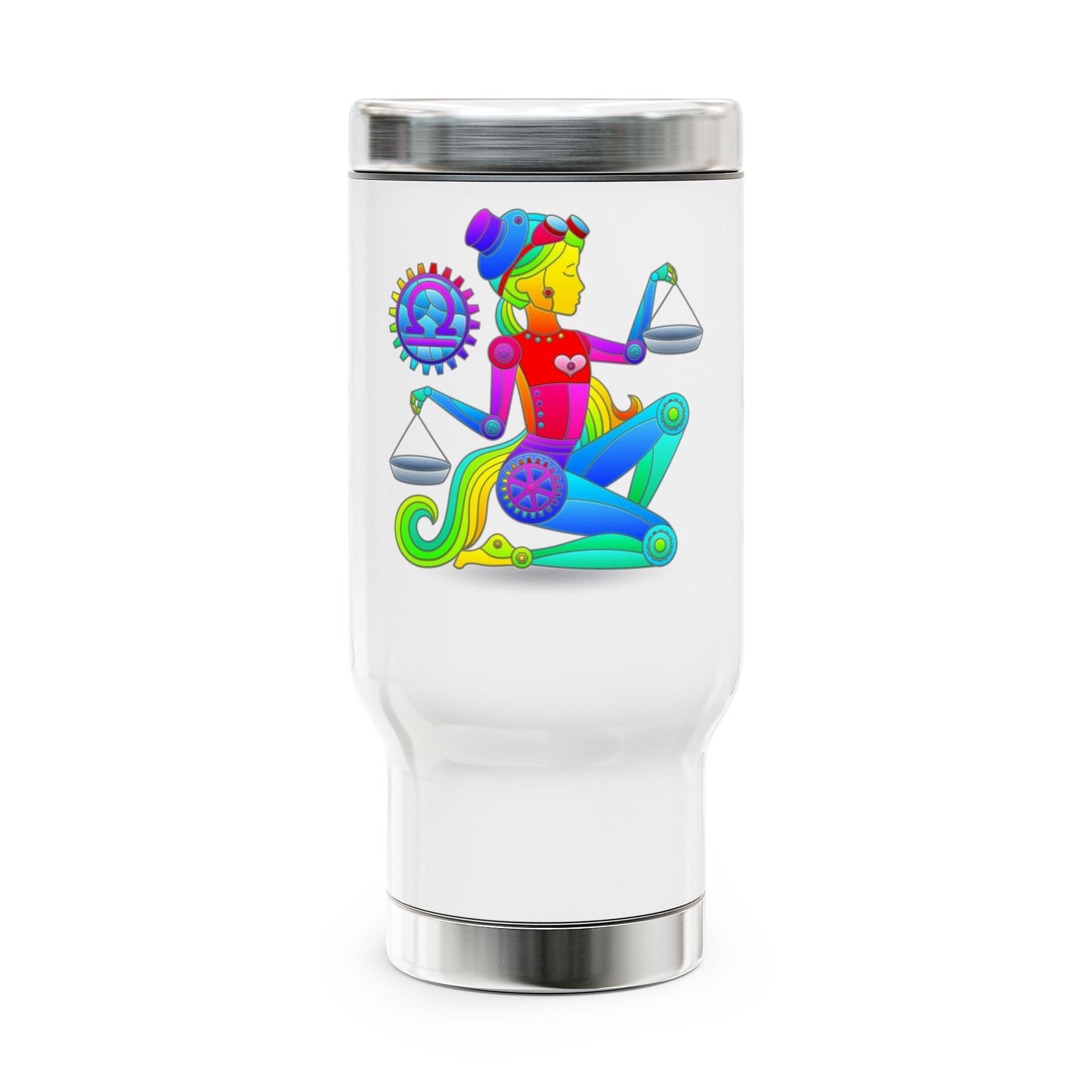 Libra Rainbow Steampunk, Stainless Steel Travel Mug with Handle, 14 oz