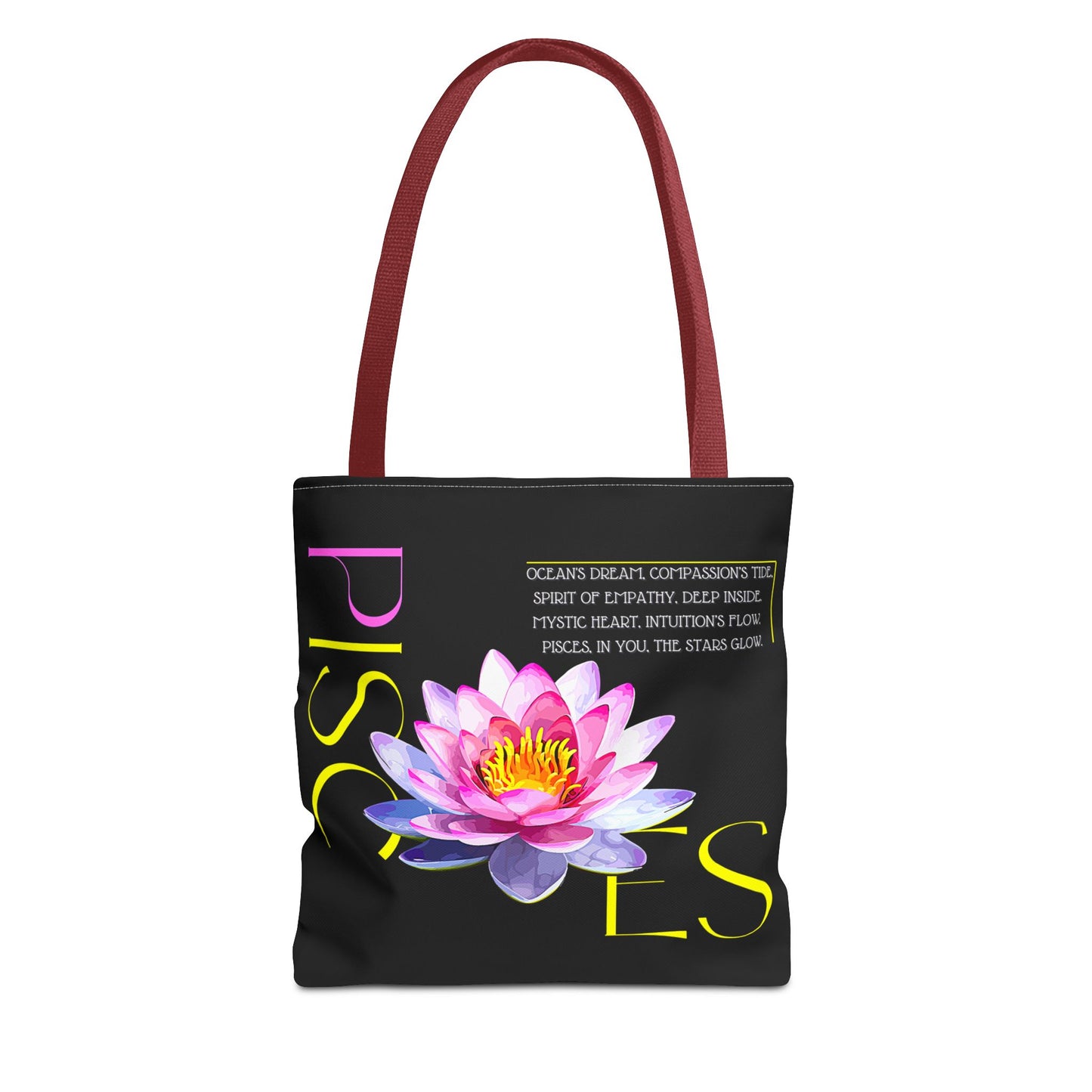 Pisces Lotus Flower Black Tote Bag, 3 Sizes